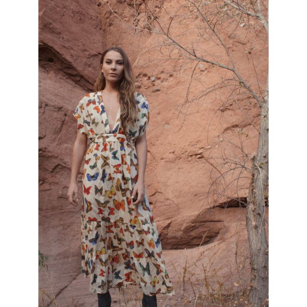 Perle Mer Butterfly Organic Cotton Silk Short Sleeve Midi Dress Womens Size XS/S